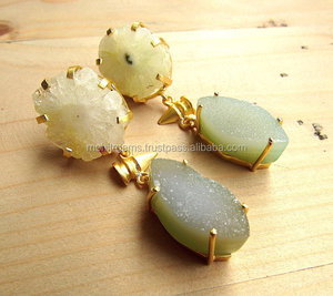 Agate jaune vert Druzy boucles d'oreilles or balles déclaration pierres précieuses balancent bijoux en acier inoxydable pour les fiançailles de mariage - Product Image 1