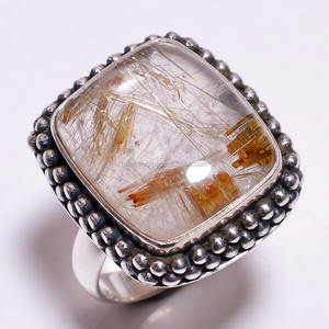 Anillos de boda de Plata de Ley 925 hechos a mano, piedra india con corte de rutilo dorado, joyería fina a granel, venta al por mayor, anillos indios fabricados - Product Image 1