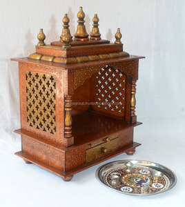 Mini Templo de madera de cobre pintado a mano con 1 cajón para el hogar tradicional Pooja Mandir montado en la pared mejor Mandap para adoración - Product Image 6