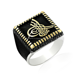 Anillo de hombre Beelo Silver de plata de ley 925 con ónix y tugra otomana, engaste de barra, patrón antiguo del Imperio Otomano, ¡el más vendido! - Product Image 1