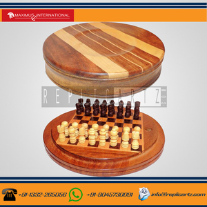 Wooden Pegged Chess Board Decorative Accent | Round Travel Chess Set Tabletop Knick Knack Decor Piece and Strategy Game Gift - Product Image 2