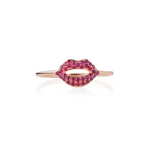 14K Rose Gold Pave Set Natural Ruby Lips Shaped Ring Handmade Jewelry Supplier Manufacturer