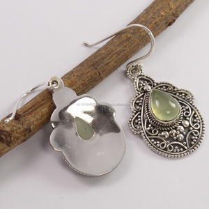 Boucles d'oreilles de mode d'art tribal, pierre précieuse naturelle PREHNITE en forme de poire, argent sterling 925 - Product Image 2