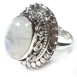 Anello fatto a mano con design vintage in argento sterling puro con pietra di luna arcobaleno naturale