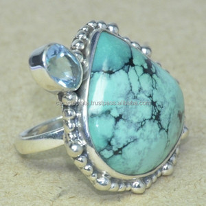 แหวนเพชรประดับทำด้วยมือสีเงินพร้อมบุษราคัมสีฟ้าและไข่มุกน้ำจืดขายส่ง - Product Image 3