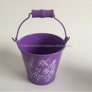 Small Purple Powder Coated Metal <b>Folding</b> <b>Bucket</b> with Wooden Handle Eco-Friendly Storage - Product Image 1