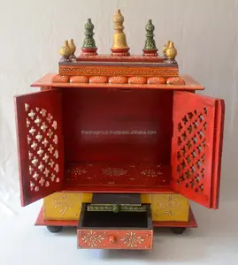 Indian Beautifully Premium Wooden Hand Painted Wooden Temple With Window and Drawers for Worship Wall Hanging & on <b>Table</b> Top - Product Image 1
