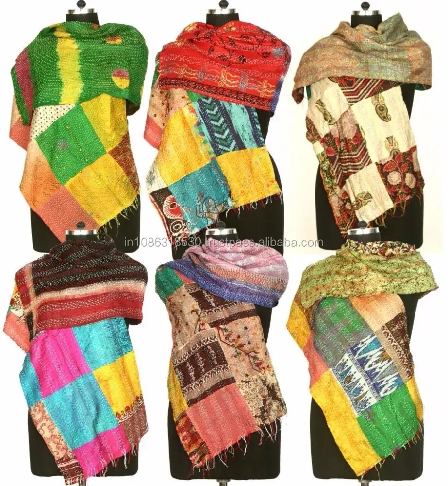 Vintage Kantha Scarf Silk Sari Stole WomenパッチワークShawl Hand Dupatta Neck Wrap Indian Handmade Kantha Scarf Silk Sari Stole