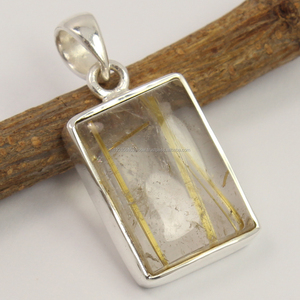 Pendentif en quartz rutilé naturel serti dans un cadre en argent sterling 925, bijoux solitaire classique - Product Image 2