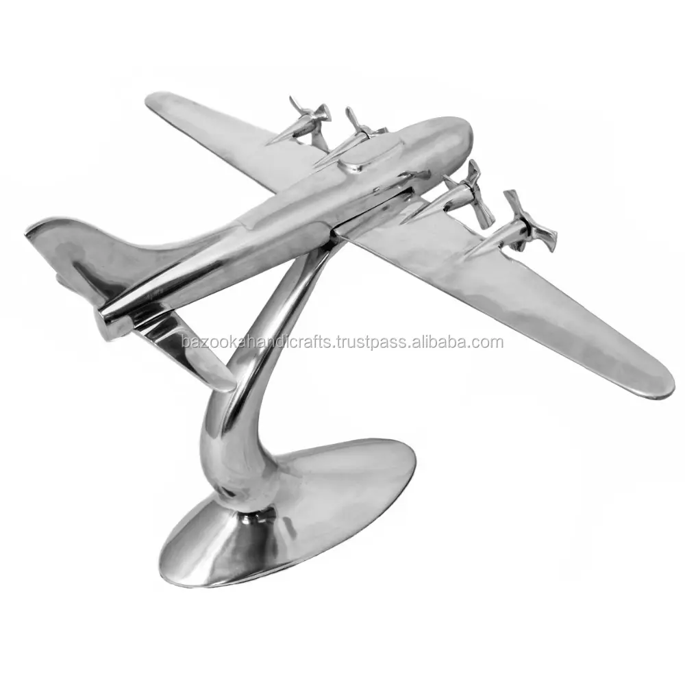 Modelo decorativo de avión para decoración de mesa, modelo de avión de aluminio, aeroplano plateado con soporte