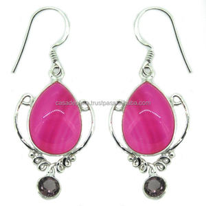 Boucles d'oreilles en argent sterling 925 véritable pierre précieuse d'agate à bandes roses plaqué argent boucle d'oreille coupe poire à la mode pour cadeau de mariage pour les femmes. - Product Image 1