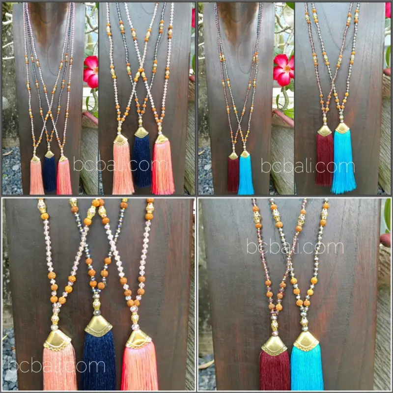 Collier long en bois avec perles en cristal et glands, chakra rudraksha, bohémien, colliers et glands à la mode