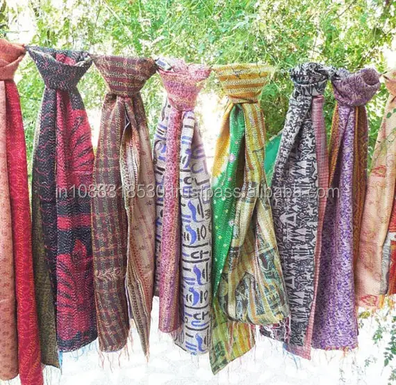 Vintage Patchwork Kantha Sari de seda bufanda chal Dupatta cuello hecho a mano indio bordado Kantha seda de la bufanda de seda Sari mujeres chal