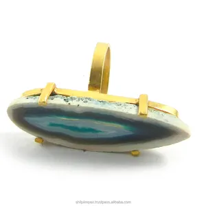 Blue agate slice prong setting gold plated ring