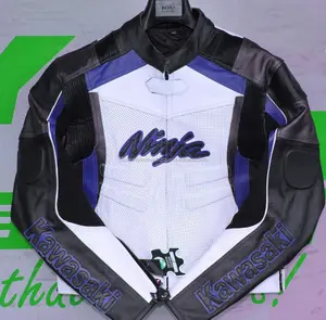 Veste en cuir perforé bleu Kawasaki noir Ninja Racing avec bosse