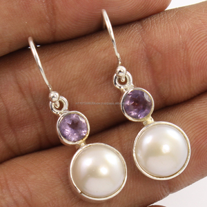 <b>Drop</b> <b>Earrings</b> Natural AMETHYST & PEARL Gemstones 925 <b>Sterling</b> <b>Silver</b> Cute Wedding Engagement Party Gift - Product Image 1