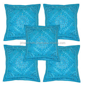 Indian Decor Handmade Cotton <b>Cushion</b> Cover Mirror Work Pillow Cover - Product Image 6