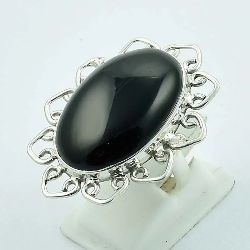 Clássico 925 prata esterlina jóias preto ônix gemstone anel com olhar elegante e design clássico