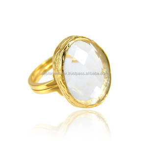 Oval Clear <b>Quartz</b> <b>Ring</b> with Gold Vermeil Bezel Set for Wedding Engagement Party or Anniversary - Product Image 1