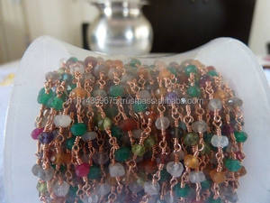 22kt oro rosa caliente corindón envuelto Alambre de cuarzo cuentas de Rosario estilo de la cadena-cadena por pie de piedras preciosas con Chai - Product Image 2