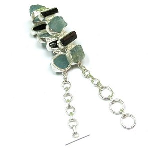 Pulseras de Cadena y Eslabones Bohemias de Plata de Ley 925 con Aguamarina y Ónix Negro, Joyería con Piedras Preciosas Certificadas por Terceros - Product Image 6