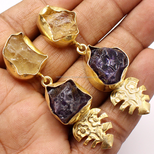 ต่างหูแบบห่วงด้านบนทำจากหินทองและทองเหลือง2ชิ้นที่ไม่เหมือนใครแกนไดมอนด์สำหรับงานแต่งงานหรือของขวัญ - Product Image 4