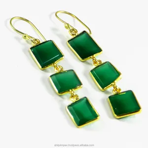 Hot Sale Natural Green Onyx Gemstone Earrings Vermeil Designer Earring Women Long Hanging Dangling Statement Earring