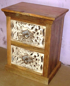 Armoire de chevet à 2 tiroirs en bois massif sculpté petit meuble de salon en bois naturel pour la maison - Product Image 1