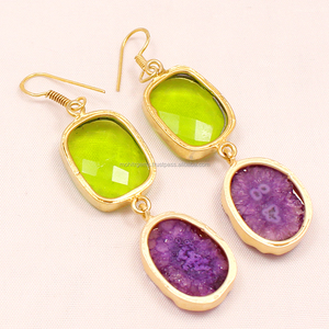 <b>Beautiful</b> Green and Purple Solar Agate Gold Plated Women's Anniversary Hanging Statement Fashion Drop <b>Earrings</b> - Product Image 3
