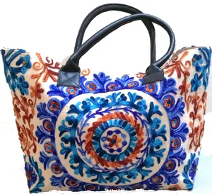 กระเป๋าปักลายซูซานีอินเดีย/อุซเบกิสถาน กระเป๋าซูซานีหูหิ้วหนัง/กระเป๋าโท้ทผ้าแคนวาสปักลายซูซานี - Product Image 1