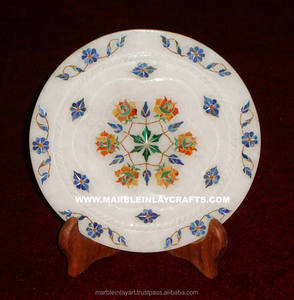 Magnifique assiette indienne artisanale de luxe en marbre incrusté, finition polie, construction durable, motif floral - Product Image 1