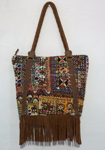 Banjara-Sac fourre-tout vintage style Hobo indien avec miroir à main brodé en toile coton Hippie pour femmes, sac à main avec poignée en cuir - Product Image 3