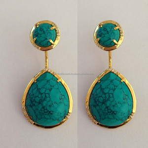 Pendientes Largos Bohemios de Piedra Turquesa Grande con Bisel Chapado en Oro Rosa sobre Acero Inoxidable, para Bodas, Unisex - Product Image 1