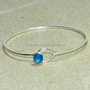 925พลอยคาลซิโดนีสีน้ำเงินทรงกลมกำไลเงินสเตอร์ลิงเครื่องประดับทำมือกำไลข้อมือแฟชั่นสำหรับงานแต่งงานของขวัญงานปาร์ตี้ - Product Image 4