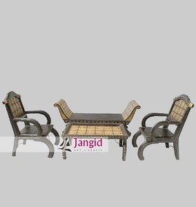 Ensemble de canapés vintage en bois massif 4 places (1+1+2) avec finitions en laiton et table basse, mobilier de salon de luxe antique - Product Image 5