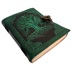 Commerce équitable fait à la main Eco Tree Of Life Design Journaux en cuir véritable gaufré Carnets de notes vert avec noir avec pages blanches vierges - Product Image 4