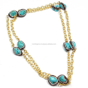 Collier chaîne longue sans fin, pierre turque de couleur turquoises, bijoux à la mode - Product Image 2