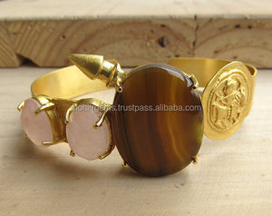 Brazalete con cristales de ágata marrón y rosa, brazalete con moneda de Metal tallada en oro y Bala/pulsera Druzy