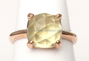 มะนาวควอตซ์เหลี่ยมเพชรพลอยเบาะเงินสเตอร์ลิงกุหลาบแหวนพลอยชุบทอง-โรส-คัท - Product Image 2