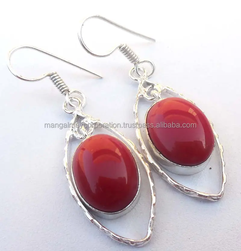 Bruiloft Cadeau Rood Koraal Druppel Vorm Edelsteen Bengelen Oorbel Chrm Sieraden 925 Zilveren Bezel Set Bengelen Oorbel Voor Festival Sieraden