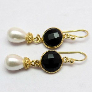 Superbe perle _ boucles d'oreilles en argent Sterling 925 Onyx noir, bijoux en argent avec pierres précieuses - Product Image 4