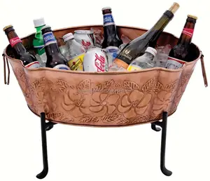 Seau à glace en laiton moderne vintage de luxe rond porte-vin en cuivre champagne avec support Antique Laser Logo Design élégant - Product Image 1