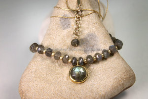 Conjunto de bisel redondo de plata esterlina labradorita, collar con colgante de cadena con cuentas para boda, regalo de compromiso, fiesta - Product Image 2