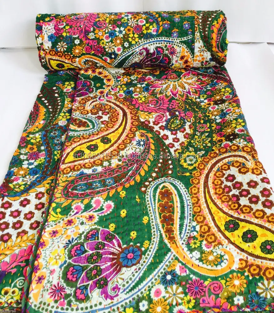 Paisley ผ้าห่ม Kantha สำหรับคนอินเดีย,ผ้าห่มทำมือผ้าห่มเนื้อผ้าฝ้าย Gudri แบบใส่กลับด้านได้ผ้าห่มผ้านวมคลุมเตียง