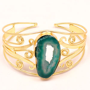 Brazalete de mano de Ángel en espiral Vintage para mujer, brazalete de moda clásico de ágata verde de aleación chapada en oro antiguo - Product Image 1