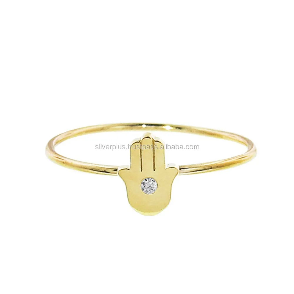 Solid 18kt Geel Goud Hamsa Hand Ring Diamanten In Center, ring Beschikbaar In Alle Drie Gouden Rose/Geel/Wit