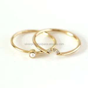 Solid 18kt Yellow Gold Natural Diamond Pearl Ring Stacking Set Of 2 Jewelry Wholesale Manufacturer Handmade Ring