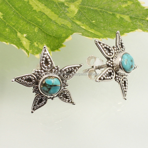 925บริสุทธิ์แข็งเงินสเตอร์ลิงต่างหูรูปดาวสีฟ้าทองแดงเทอร์ควอยซ์ต่างหูอัญมณีเครื่องประดับแบบประณีต - Product Image 2