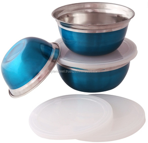 Juego de 3 piezas de alta calidad Cuenco mezclador de acero inoxidable con tapa azul Cubierta de metal Durable y elegante - Product Image 1