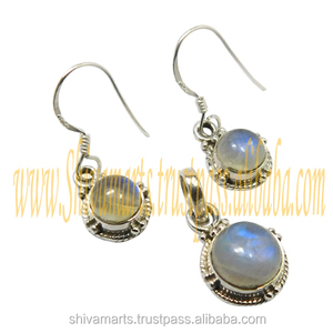 Conjunto de joyería fina de moda para mujer de diseñador hecho a mano 925 plata esterlina Arco Iris piedra lunar colgante pendiente chapado en oro Vintage - Product Image 2